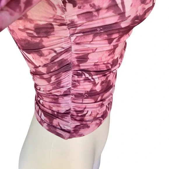 Pink Floral Square Neck Cropped Long Sleeve Top – Ruched, Size Small - Picture 9 of 17